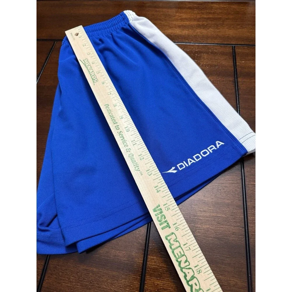 🔥Vintage Diadora Soccer Shorts Mens M Blue Vtg Shiny 90's Y2K Spellout Stitch